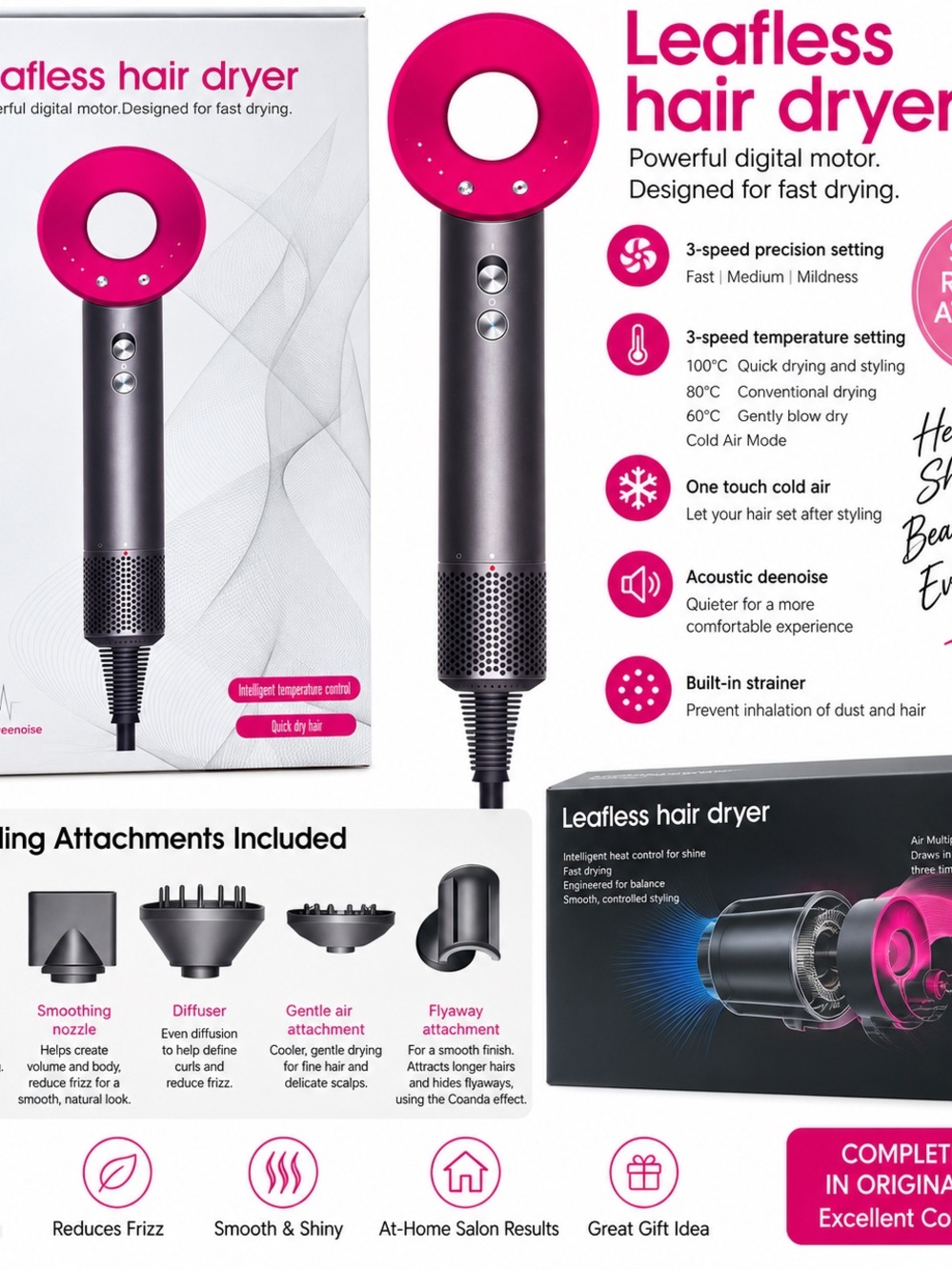 Leafless Hair Dryer - Pink and Gray High-Performance Hair Dryer